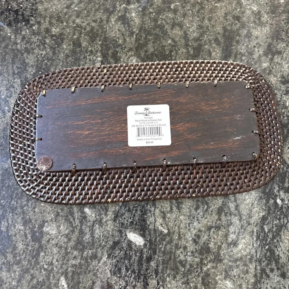 Vtg Tommy Bahama Mid Century Tropical Hawaiian Island‎ Tray Brown Rattan Rim